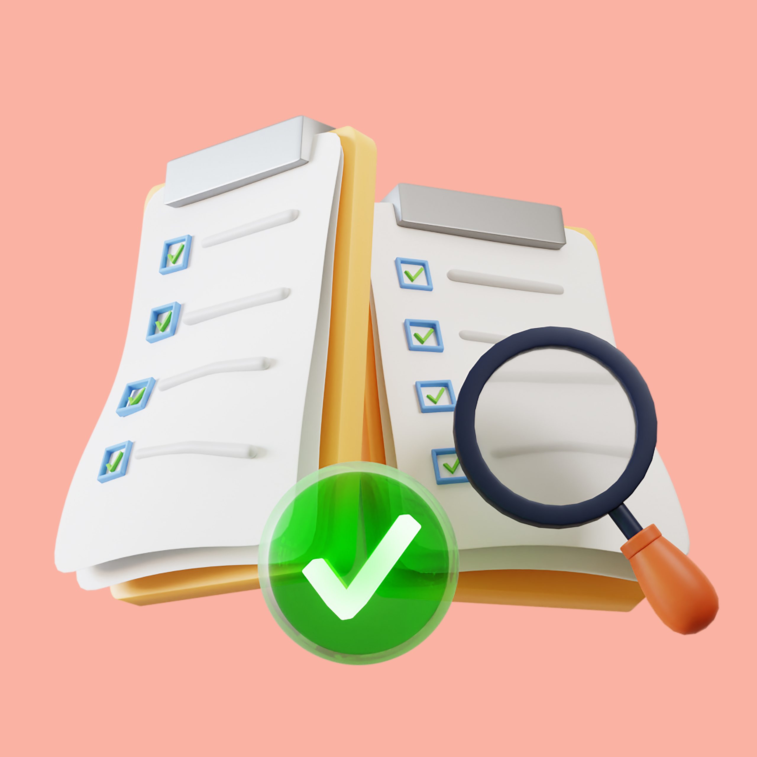 3D rendering magnifying glass and Checking document on clipboard